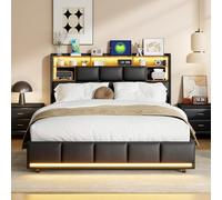 KRYZOR Letto matrimoniale imbottito 140 x 200 cm con illuminazione a LED e funzione di ricarica USB, struttura del letto con vano portaoggetti, letto idraulico con rete a doghe, testiera imbottita, PU
