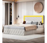 KRYZOR Letto matrimoniale imbottito 140 x 200 cm con rete a doghe e illuminazione a LED, letto idraulico, letto cassaforte, con testiera imbottita regolabile in altezza, materiale velluto (beige, 140