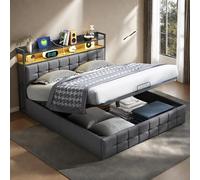 KRYZOR Letto matrimoniale imbottito 140 x 200 cm, con testiera LED, Letto con Contenitore, USB Type C, letto funzionale con spazio e rete a doghe, Senza Materasso (Grigio/Lino, 140x200 cm)