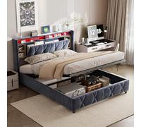 KRYZOR Letto matrimoniale imbottito 140 x 200 cm, con vano portaoggetti, letto idraulico con LED e USB, testiera con vano portaoggetti, letto con rete a doghe, materiale in velluto grigio (140 x 200