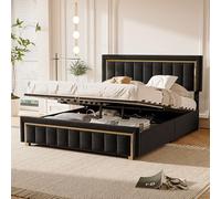 KRYZOR Letto matrimoniale imbottito 160 x 200 cm con rete e ripostiglio, letto cassaforte con doghe in metallo, flanella morbida, idraulica letti con testiera imbottita (nero, 160 x 200 cm)