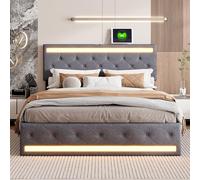 KRYZOR Letto matrimoniale imbottito a LED 160 x 200 cm, letto cassettiera con 4 cassetti e testiera regolabile, multipresa USB, letti 2 persone per adulti e adolescenti, rete a doghe in lino (160 x