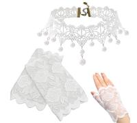 KSBBHDS 1 Paio di Colletti in Pizzo Gotico E 1 Paio di Guanti, Design con Nappe Bianche, Elee Forma retrò, Accessori Moda Donna, Adatti per Balli E Feste.