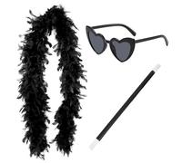 KSBBHDS 1 Scialle di Piume Nero, 1 Occhiali da Sole A Forma di Cuore, 1 Bacchetta Magica, Oggetti di Ruolo, personalità Creativa, Set di Abbigliamento da Donna.
