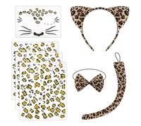 KSBBHDS 4 Pezzi di Costumi Animali Leopardati, 3 Pezzi di Adesivi per Tatuaggi Leopardati, tra Cui Fascia per Le Orecchie, Papillon, Coda, Oggetti di Scena per Giochi di Ruolo.