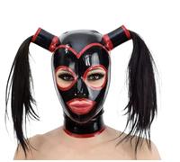 KSDEQM Sexy lattice Fetisch Motorhaube Maske Öffnen Die Augen Mund Mit Haarteilperücke Rücken Reißverschluss,Schwarz+rot,XL