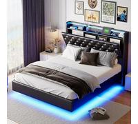 KSFASHZ Letto baule 140 x 200 letto galleggiante con rete a LED, letto imbottito matrimoniale con tipo-C e USB, testiera per lettino, letti 140 x 200 cm, PU nero