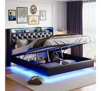 KSFASHZ Letto baule 160 x 200 letto galleggiante con rete a LED, letto imbottito matrimoniale con tipo-C e USB, testiera per lettino, letti 160 x 200 cm, PU nero