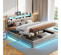 KSFASHZ Letto Matrimoniale Contenitore 140x200 con LED e USB, Letto Imbottito 140x200 con Cassaforte, Letti Matrimoniali Imbottiti con Stoccaggio LettoContenitore con Testiera, Nessun Materasso