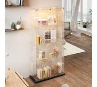KSFASHZ Vetrina in Vetro con LED, Vetrine di Vetro 4 Ripiani 2 Porta, Vetrinetta in VetroVetrinetta Espositiva a Colonna Vetrina Soggiorno Trasparente Vetrinette Espositive inVetro, Nero