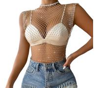 KSJEHW Top con catena per il corpo in rete con strass lucidi per donna Top corto in bikini lucido per festival in discoteca(Bianco, M)