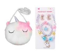 KSJEHW Unicorno Regalo Peluche Borsetta Bambina Set Gioielli, Unicorno Collana Bracciale Orecchini Anelli Anello, Principessa Kit Gioielli Forniture per Feste Accessori