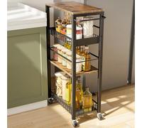 Kssiaz Carrello Portaoggetti Sottile con Ruote, Carrello a 4 Ripiani con Maniglia, 9,1" di Profondità, Altezza Regolabile, Scaffale Mobile Multiuso per Cucina, Bagno, Lavanderia, Nero+Marrone
