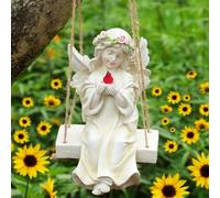 Kssiaz Statua dell'Angelo da Giardino, Decorazione Solare da Giardino con Luce Calda, Impermeabile con Altalena e Uccello in Mano, Decorazione da Esterno per Prato Cortile Patio Davanzale, Albicocca