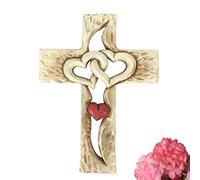 KSUDE, Croce in legno, cuori intrecciati, intagliata a mano, intagliata a mano, per decorazione da appendere alla parete, per la casa e il soggiorno (cuore rosso)
