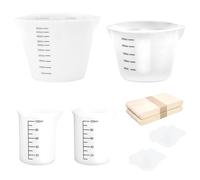 Ksvaye Set Misurini in Silicone 6 pezzi Tazze di Miscelazione in silicon con Doppia Scala 10ml 100ml 250ml 500ml Misurino in Silicone e 50 Bastoncini Legno per Resina Epossidica Cucina