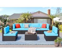KswyyuwxgqI Set di 7 mobili da esterno con tessitura manuale in vimini sintetico, divano componibile in rattan, cuscini, cuscini e tavolo in vetro, per conversazioni in terrazza (blu)