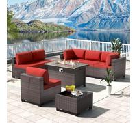 KswyyuwxgqI Set di 8 divani componibili in rattan sintetico con divano manuale in vimini, set per conversazioni da patio esterno con tavolo per braciere a gas da 109 cm, per cortile, giardino