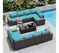 KswyyuwxgqI Set di mobili da giardino componibili da 12 pezzi con divano con schienale alto, in rattan sintetico, per tutte le stagioni, con cuscini e tavolino da caffè, per giardino, terrazza sul