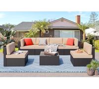 KswyyuwxgqI Set di mobili da giardino da 7 pezzi con tessitura manuale in vimini sintetico, divano componibile in rattan, cuscini, cuscini e tavolo in vetro, per conversazioni in terrazza (beige)
