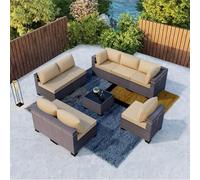 KswyyuwxgqI Set di mobili da giardino da 9 pezzi con divano componibile in rattan marrone, con vimini manuale, cuscini e coperture, tavolo da tè in vetro temperato, set di conversazioni per cortile