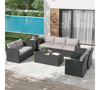 KswyyuwxgqI Set di mobili da giardino da esterno, 7 pezzi, con scatole portaoggetti e copertura, divano componibile in vimini sintetico per tutte le stagioni, set di conversazione per cortile