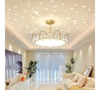 ksxnkhk Lampadario a Corona d'oro per Ragazze, Principessa, Rotondo, LED, dimmerabile, proiezione di Stelle in Cristallo, Lampada da soffitto per Bambini, Montaggio a Filo per Camera da Le