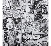 Kt KILOtela - Tessuto Canvas Stampato, Arredo Versatile, Oeko-Tex, 180 gr/m², Rivestire, Foderare, Divani, Sedia, Tende, Cuscini, Borse, Fumetto, Nero, Bianco, 100x280 cm, 50% Cotone/Poliestere