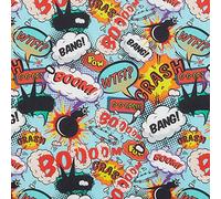 Kt KILOtela - Tessuto Patchwork Cotone, Stampa Digitale, Cucito, Artigianato, 50 cm Lunghezza x 140 cm Larghezza, Onomatopei, Boom, Bang, Crash, Blu ─ 0,50 Metro