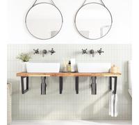 KTHLBRH Ripiano Lavabo a Parete 140x60 cm Acciaio e Acacia | Forma Trapezio, Capacità 100 kg, Staffe in Acciaio Nero, Montaggio Libero