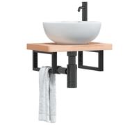 KTHLBRH Scaffale per lavabo galleggiante con struttura in acciaio e tavola in legno di faggio massiccio, ampio spazio per bagno, montaggio a parete senza forature, design