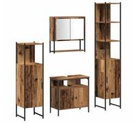 KTHLBRH Set di Mobili per il Bagno 4 pz Legno Vecchio, Montato a Parete | Legno ingegnerizzato, 6 ante, manopole nere, armadietto a specchio, montaggio a parete, solo uso interno