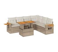 KTHLBRH Set Divani da Giardino 7 pz con Cuscini Beige Polyrattan Acacia | Design modulare, cuscini sfoderabili e lavabili, tavolino laterale pieghevole con molla a gas, custodia resistente all'acqua