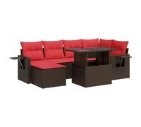KTHLBRH Set Divani Giardino 7 pz Cuscini Marrone Polyrattan Acacia | Design modulare, tavolino laterale pieghevole con molla a gas, spazio di conservazione sotto seduta, custodia resistente