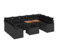 KTHLBRH Set Divano da Giardino 10 Pezzi con Cuscini Polyrattan Nero | Struttura acciaio verniciato a polvere, legno acacia, resistente ai raggi UV, cuscini sfoderabili, vani portaoggetti nascosti