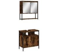 KTHLBRH Set Mobili da Bagno 2 pz Rovere Fumo Legno Multistrato 60 cm | Mobile sottolavabo 60x30x60 cm, mobile specchio 60x16x60 cm, apertura sifone 8x20 cm, acciaio verniciato a polvere, vetro,