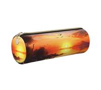 KTHSNSKL Astuccio in pelle con cerniera, portapenne estetico con paesaggio tramonto, per donne e uomini, realizzato a mano, multifunzionale, da viaggio, per cosmetici, per lavoro, ufficio, Oro, Taglia