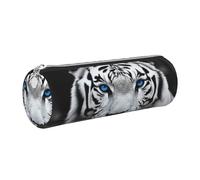 KTHSNSKL Astuccio in pelle con cerniera, portapenne estetico con tigre dagli occhi blu, per donne e uomini, realizzato a mano, multifunzionale, da viaggio, per cosmetici, per lavoro, ufficio, Argento