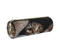KTHSNSKL Astuccio portapenne in pelle con cerniera, portapenne estetico con gatto sotto la coperta, astuccio per donne e uomini, realizzato a mano, multifunzionale, da viaggio, per il trucco, per