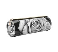 KTHSNSKL Astuccio portapenne in pelle con cerniera, portapenne estetico con rosa bianca e nera, per donne e uomini, realizzato a mano, multifunzionale, da viaggio, per cosmetici, per lavoro, ufficio