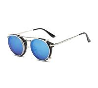 KTUCN Occhiali da sole rotondi retrò Steampunk con clip per uomo e donna, lenti staccabili a doppio strato, occhiali trasparenti oscuranti con aste cave, argento blu, 137 mm