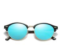 KTUCN Occhiali da sole vintage da uomo, classici, rotondi, polarizzati, da donna, UV400, C05, nero, blu ghiaccio, BH01