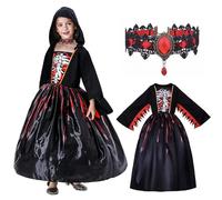 KTWSUEF Costume Vampira Bambina,Vestito Vampira Bambina con Collana,Gotico Dracula Medievale Costume Vampiro Bambino per Halloween Carnevale Cosplay-M (8-10 anni)