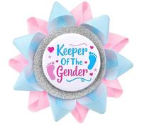 Ktxaby 1 bottone con scritta "Keeper of the Gender", spille per rivelare il genere, bomboniere per bambini o bambine, spille con nastro rosa chiaro e blu, per baby shower, forniture per feste