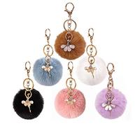 kuaetily 6 Portachiavi, Ballerina con strass e ponpon in peluche, ciondolo in pelliccia sintetica di coniglio, portachiavi per borse, zaini, per l’auto o come decorazione, 6 ballerine