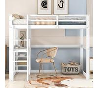 KUAKE 140 x 200 cm, letto a soppalco con vano portaoggetti, completamente in pino, con 4 ripiani e una scrivania (bianco)