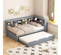 KUAKE Divano letto da 90 x 200, in legno massiccio, con letto estraibile da 90 x 190 cm, presa USB, diversi ripiani, letto singolo, letto multifunzione, grigio