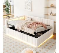 KUAKE Divano letto imbottito 140 x 200 cm, con vano portaoggetti idraulico, con luce LED e porta di ricarica USB, con schienale, testiera e telaio stabile, tessuto vellutato, senza materasso (beige)