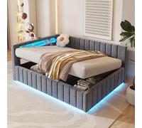 KUAKE Divano letto imbottito 140 x 200 cm, con vano portaoggetti idraulico, con luce LED e porta di ricarica USB, con schienale, testiera e telaio stabile, tessuto vellutato, senza materasso (grigio)