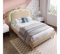 KUAKE Lettino imbottito 90 x 200 cm, letto singolo con rete a doghe e testiera regolabile, grazioso letto per ragazzi con testiera a LED a forma di soffio, letto imbottito, in velluto (beige, 90 x 200